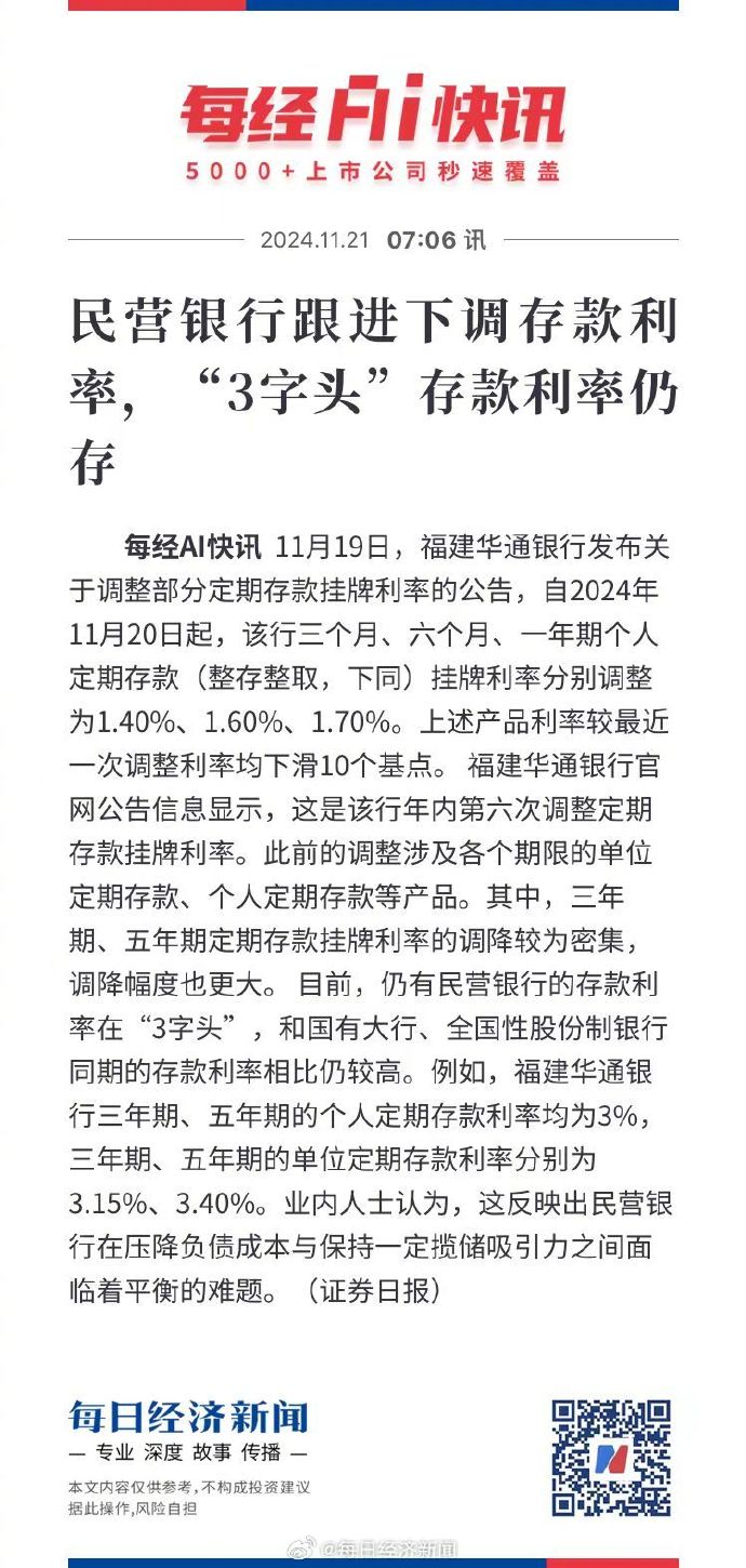 多家民营银行存款“降息”，有机构月内三度出手下调