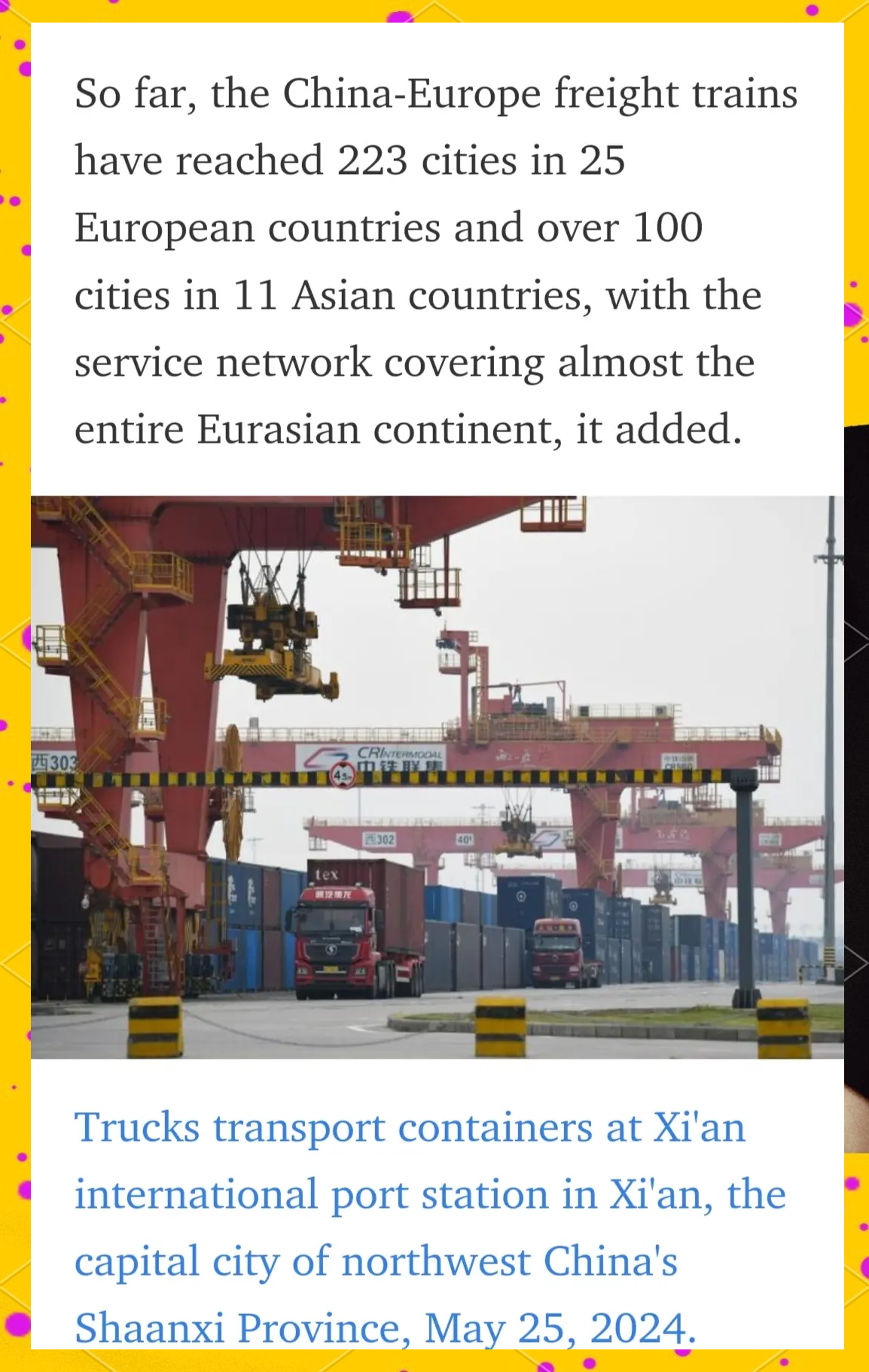 中欧班列累计开行突破12万列 发送货值超4900亿美元